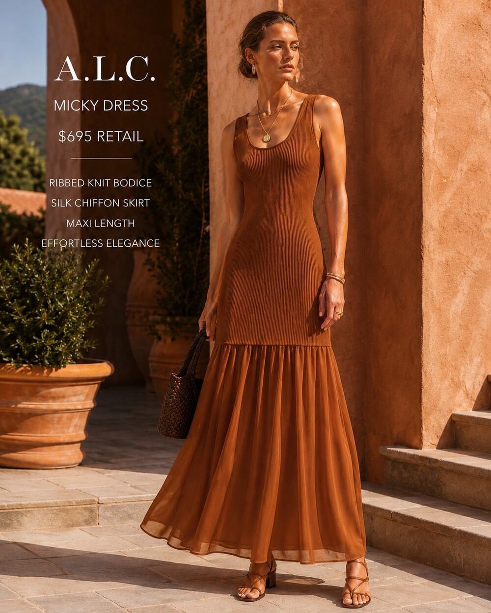 NWT A.L.C. Micky Dress Light Chestnut Rib Knit Silk Chiffon Drop Waist Maxi $695
